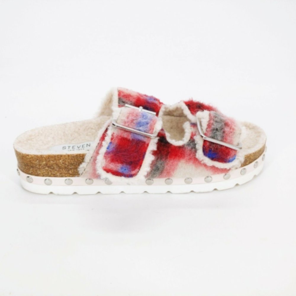 Steve Madden Red Multi Fuzzy Double-Buckle Slide Sandal
